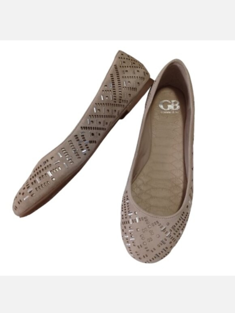 GB GIANNI BINI Tan Taupe Neutral Ballet Flats Silver Stud Slippers Size 7.5